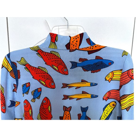 NWT LHD Star Island Blouse Shirt Silk Blue Corsican Trout Print Fish Colorful 4 - Picture 11 of 12